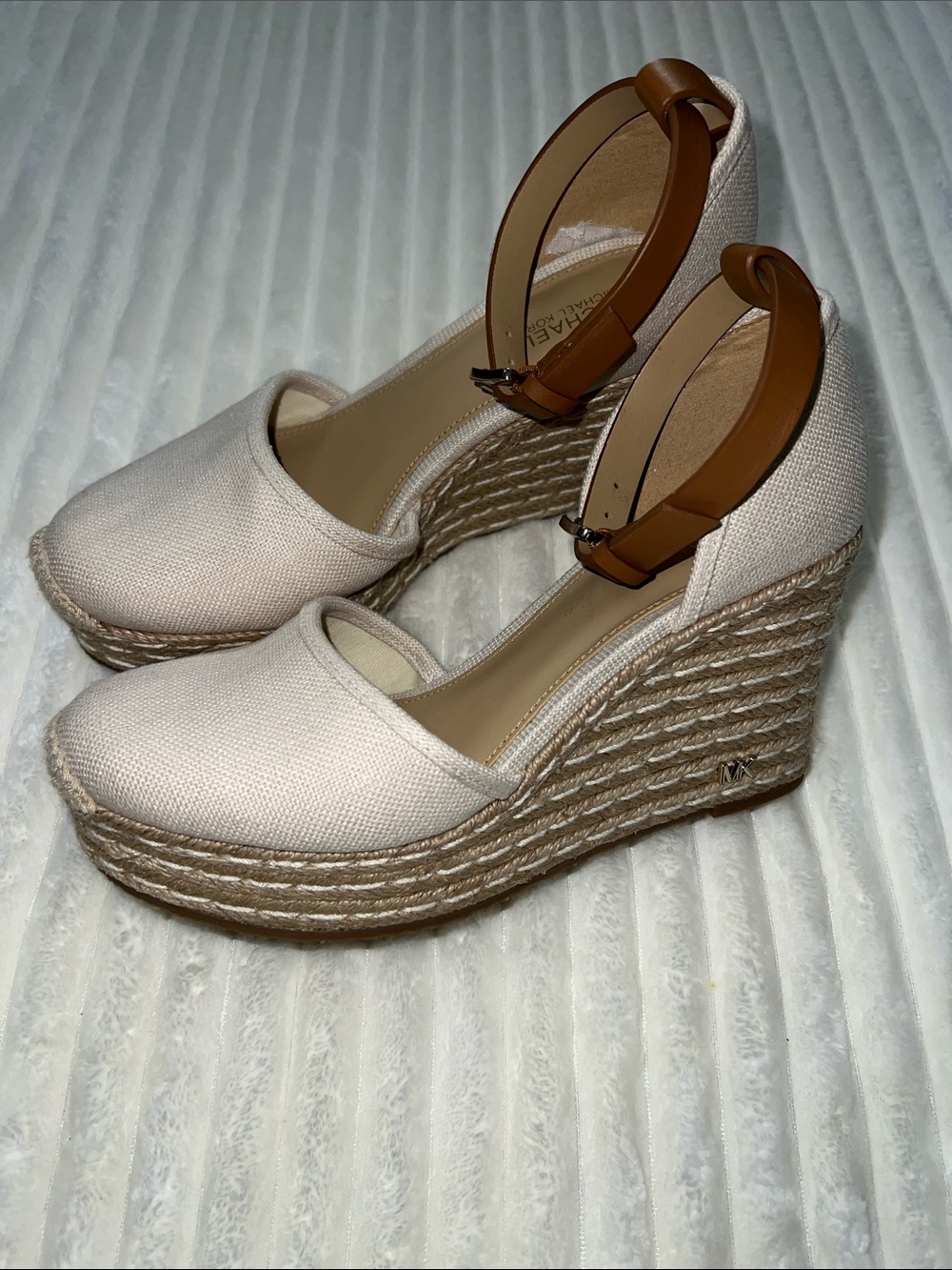 Michael Kors Cream Canvas Espadrille Wedge Sandals with Brown Ankle Strap